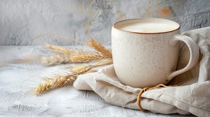 Scandinavian style minimalist white table with ceramic mug and dried pampas grass in soft light
