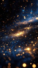 Fototapeta premium Gold dust sparkles in blue space. Bokeh of starlight glitter