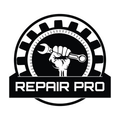 Repair Pro Logo – Gear and Wrench Symbol for Mechanical, Technical, and Industrial Services, Ideal for Handyman, Workshop, and Maintenance Branding