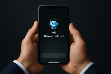 AI bot, chatbot interface, ChatGPT style, virtual assistant, blue robot avatar, friendly AI, smartphone screen, conversational AI, smart assistant, mobile chatbot, digital helper, AI interaction, chat