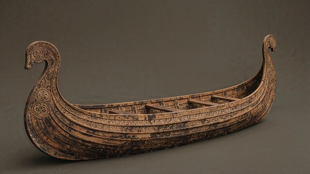 Wooden longship model resting on grey studio table with swirling motifs and support frames