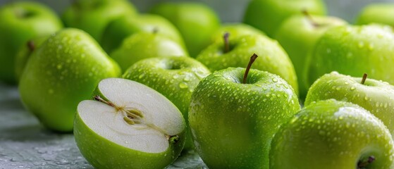 The vibrant green apples with water droplets on a textured surface.