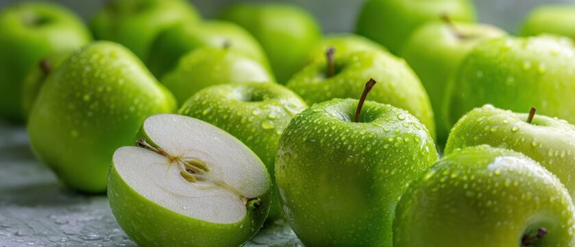 The vibrant green apples with water droplets on a textured surface.