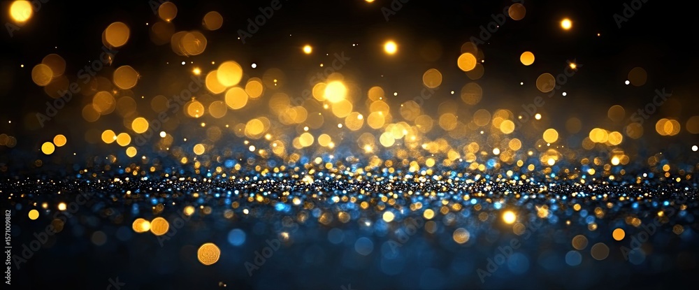 Wall mural bokeh effect with golden and blue shimmering lights on a dark background creates a magical effect