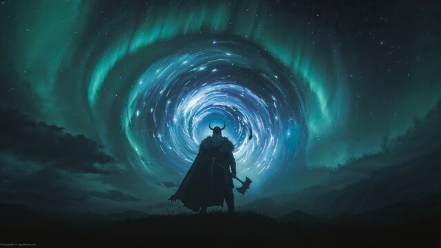 Standing warrior wearing horned helmet, surveying cosmic vortex on hill at night, with battle axe