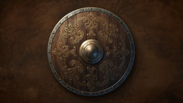 Displaying wooden shield with engraved knotwork, raised boss, riveted rim on wall in medieval hall - Powered by Adobe