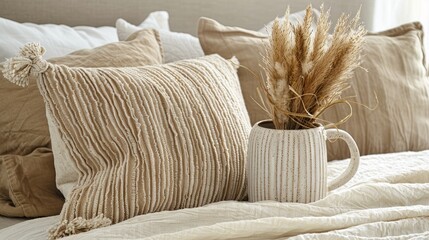 Elegant scandinavian minimalism  white table with ceramic mug, linen napkin, and pampas grass decor