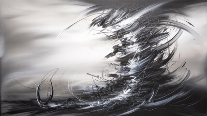 Obraz premium A moody black and white abstract painting with dramatic brushstrokes.