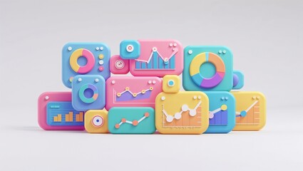 Showing pastel-colored 3D data chart blocks forming stepped pyramid on white surface, minimal look