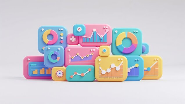 Showing pastel-colored 3D data chart blocks forming stepped pyramid on white surface, minimal look - Powered by Adobe