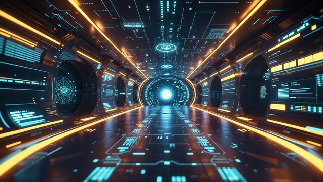 Glowing corridor extending toward portal in spacecraft with holographic displays and LED lights