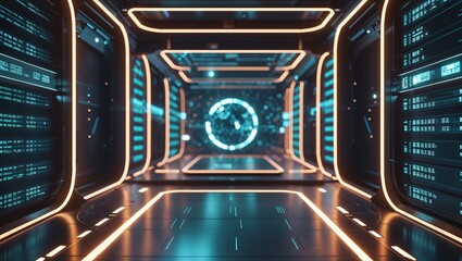 Showcasing data center corridor featuring code panels with orange LED strips and holographic sphere