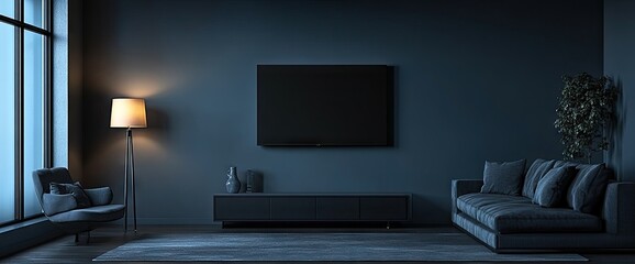Living room with tv, sofa, lamp, chair, and window in a muted, modern style