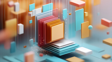 3D Graphic of Cloud-Based Content Movement with Floating Elements and Dynamic Arrows

