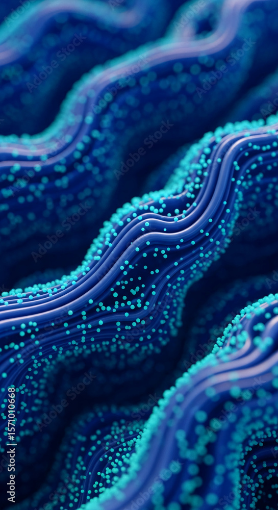 Poster abstract image of blue wavy lines with teal dots, creating a dynamic and flowing texture, symbolizin