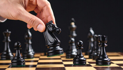 Hand Holding Chess Knight Above Board