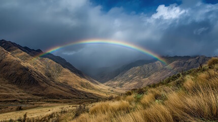 A vibrant rainbow stretches over majestic mountains and a valley under a cloudy sky.