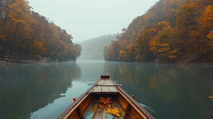Wooden boat floating on misty lake with autumn forest and a single red maple leaf inside