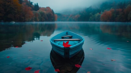 Wooden boat on misty lake surrounded by autumn forest and a single red maple leaf, serene mood