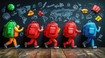 Animated backpacks journeying before a world map chalkboard