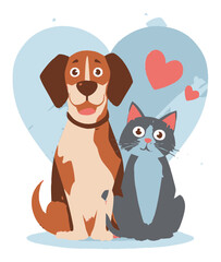 Cartoon Dog and Cat Pair with Hearts on a Blue Background