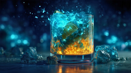 A futuristic cocktail glows with vibrant blue, purple, and orange hues, its crushed ice and ethereal liquid creating a magical and enticing beverage against a dark background.