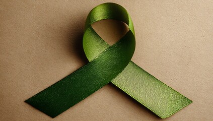 Green awareness ribbon on kraft paper background, A close-up of a dark green awareness ribbon with a subtle ombre effect, laid diagonally across a light beige kraft paper background.