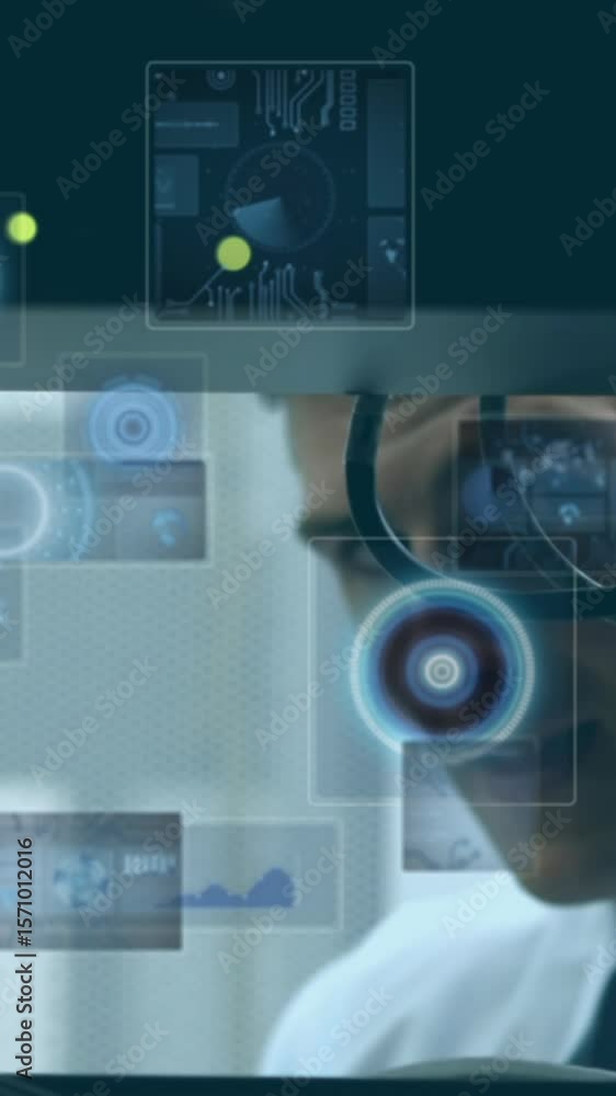 Poster animation of round scanners and data processing over caucasian male engineer working at server room