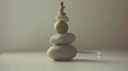 Minimalist still life with balanced stones, green apple, and measuring tape for a healthy lifestyle