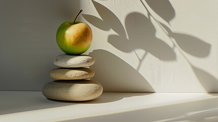 Minimalist still life  balancing stones, green apple, and measuring tape for wellness aesthetic