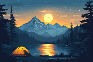 Summer camping in the mountains cartoon illustration.