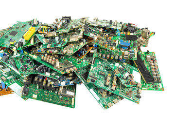 Electronic waste of mainboard computer - old TV circuit boards from recycle industry isolated on...