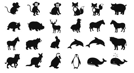 Obraz premium Collection of animal silhouettes features diverse wildlife like foxes, bears, monkeys, and marine animals in black and white