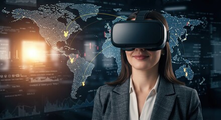 Woman uses VR headset for global business finance and modern technology with a world map in virtual reality