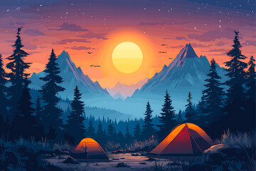 Summer camping in the mountains illustration.