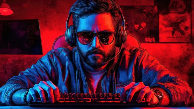 Man with headphones typing, face lit with red and blue, gaming