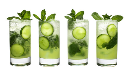 Four refreshing cocktails each filled with mint, cucumber and ice isolated on white background