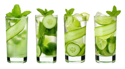 Refreshing summer drinks with cucumber and mint isolated on white background