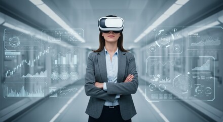 Businesswoman using virtual reality headset experiencing immersive technology analyzing digital financial data