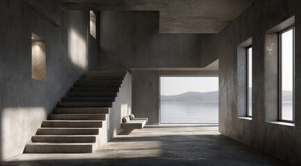 Obraz premium Minimalist concrete interior with a staircase, built-in seating, and large windows offering a serene seascape view, bathed in natural light