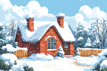 Hand drawn winter house a cute countryside cottage illustration.