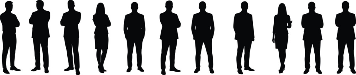 Business professionals silhouette standing in a row, formal men and women in suits, team concept, black figures isolated vector illustration