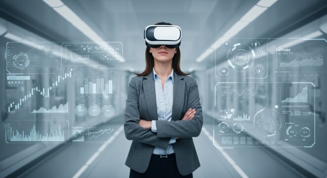 Businesswoman using virtual reality headset experiencing immersive technology analyzing digital financial data