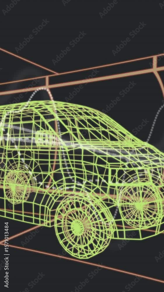 Poster animation of graphs over 3d van model moving seamless pattern in a tunnel on black background