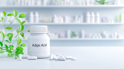 A white bottle of Adipic Acid stands prominently on a clear surface, surrounded by scattered capsules and green leaves.