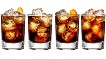 Four glasses of dark brown cocktail with ice and orange slices isolated on white background