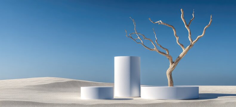Minimalist desert scene white cylindrical platforms sit in white sand beneath a bleached, leafless tree against a clear blue sky - Powered by Adobe