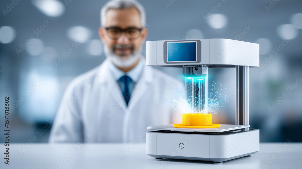 Poster engineer focuses on advanced 3d printer, creating vibrant yellow design element. modern laboratory s