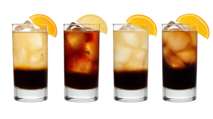 Four refreshing cocktails in tall glasses with ice and garnish isolated on white background
