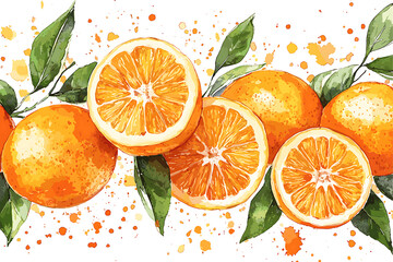 Hand-drawn natural fresh watercolor oranges clipart illustration.
